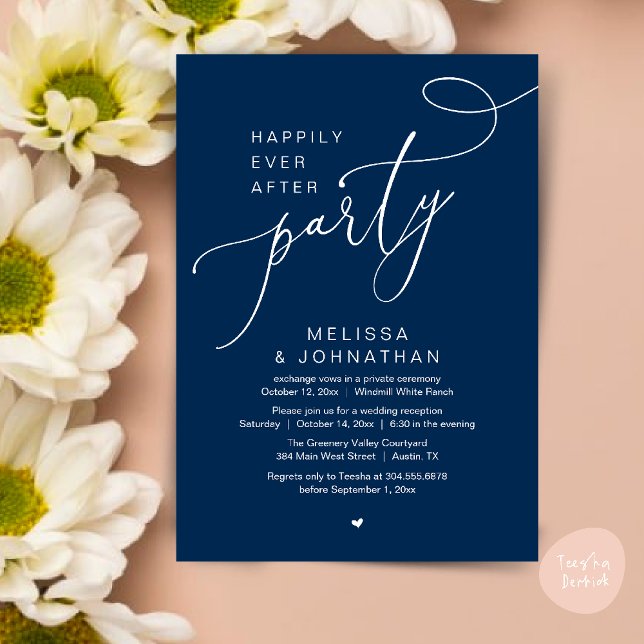 Lyckligtvis allt efter Party, modernt bröllopsmott Inbjudningar (Happily Ever After Party Modern Wedding Reception Dinner Brunch Lunch Invites card PDF Navy Blue)