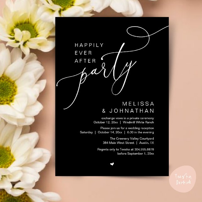 Lyckligtvis allt efter Party, modernt bröllopsmott Inbjudningar (Happily Ever After Party Modern Wedding Reception Dinner Brunch Lunch Invites card PDF Classy Black)