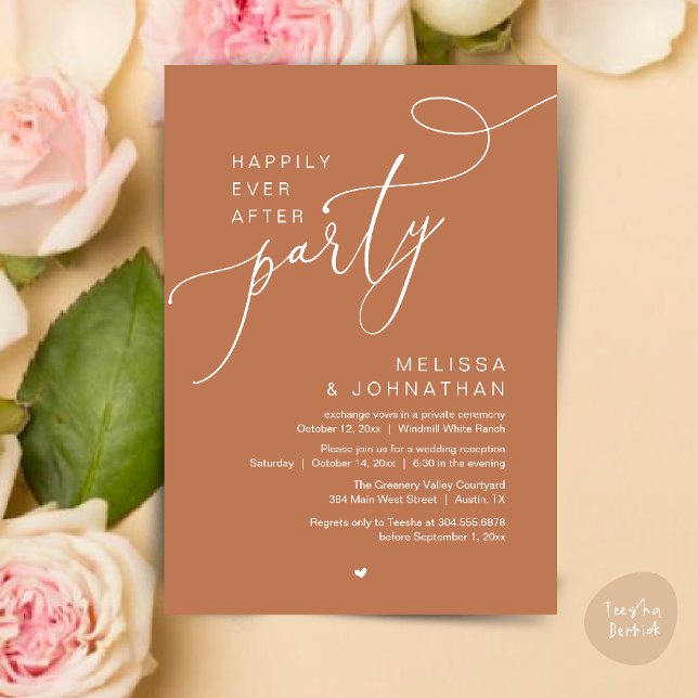 Lyckligtvis allt efter Party, modernt bröllopsmott Inbjudningar (Happily Ever After Party Modern Wedding Reception Dinner Brunch Lunch Invites card PDF Copper Brown)