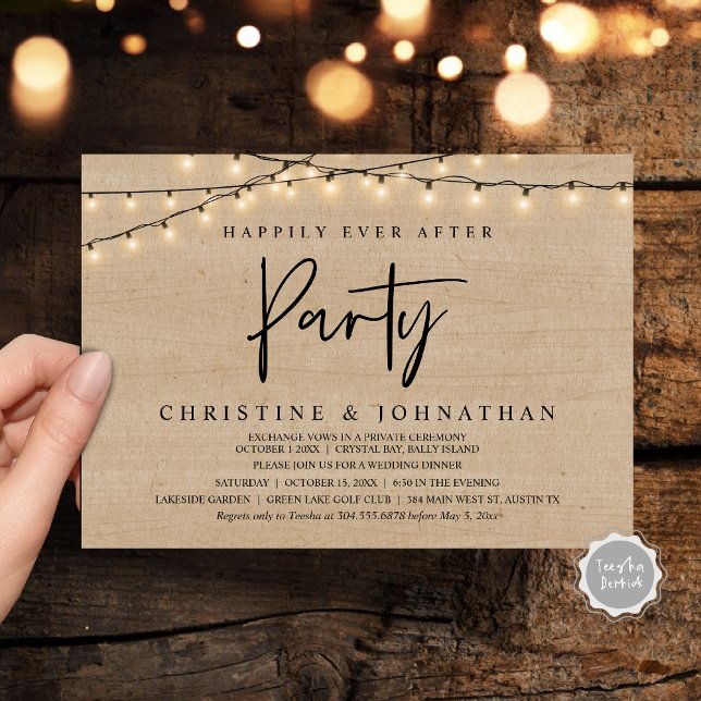 Lyckligtvis allt efter party, stryper Ljus elev Inbjudningar (Happily Ever After party, String Lights Brown Wood, Wedding Elopement Invitation Cards)