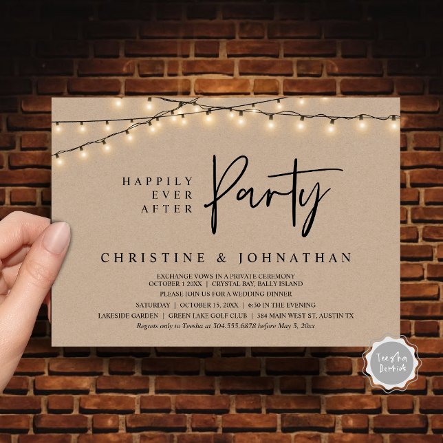 Lyckligtvis allt efter party, stryper Ljus elev Inbjudningar (Happily Ever After party, String Lights Brown Kraft, Wedding Elopement Invitation Cards)