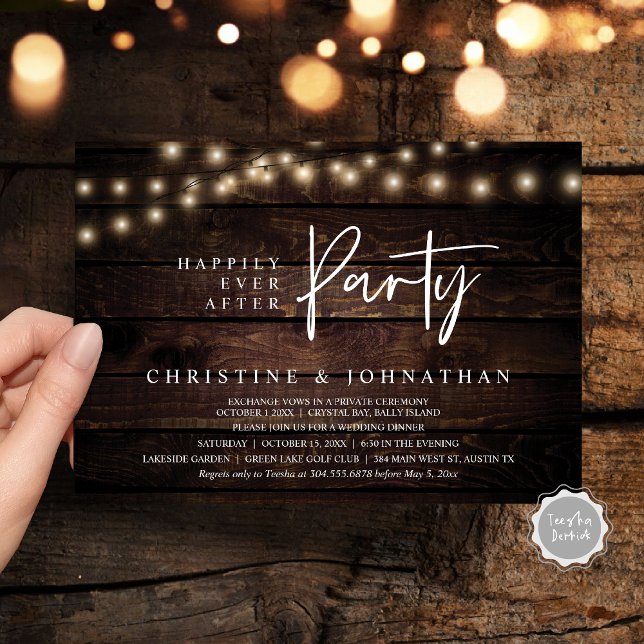 Lyckligtvis allt efter party, stryper Ljus elev Inbjudningar (Happily Ever After party, String Lights Brown dark wood, Wedding Elopement Invitation Cards)