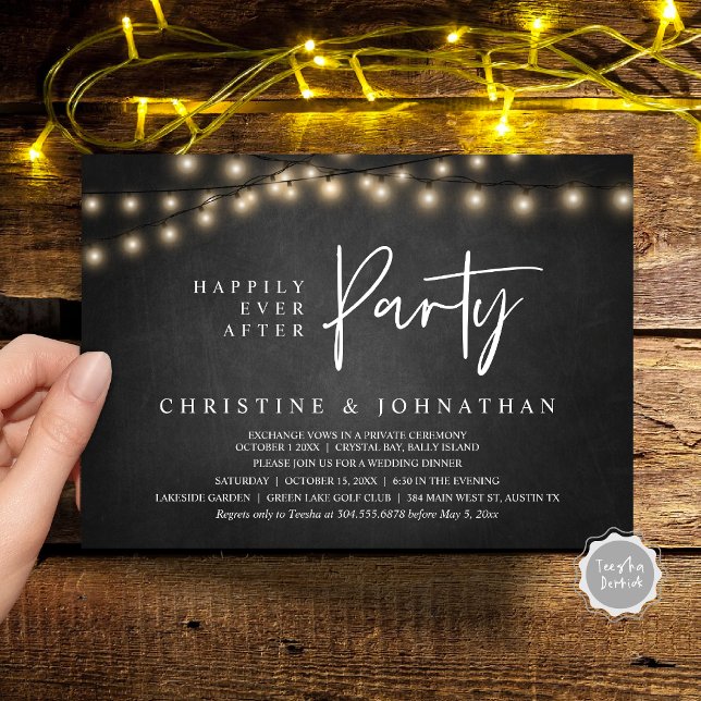 Lyckligtvis allt efter party, stryper Ljus elev Inbjudningar (Happily Ever After party, String Lights Cottage Chalkboard, Wedding Elopement Invitation Cards)