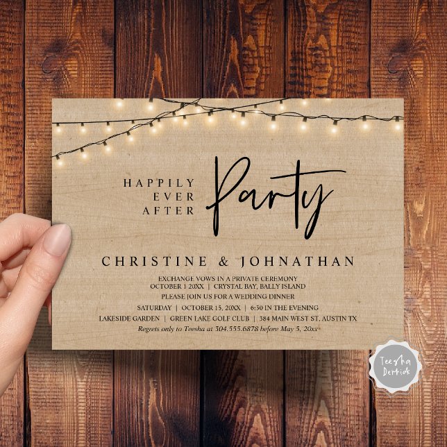 Lyckligtvis allt efter party, stryper Ljus elev Inbjudningar (Happily Ever After party, String Lights Brown Rustic Wood, Wedding Elopement Invitation Cards)