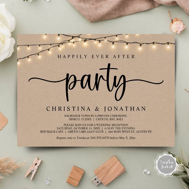 Lyckligtvis allt efter party, stryper Ljus elev Inbjudningar (Happily Ever After party , Wedding Elopement Invitation Card, in Rustic String Lights Brown Kraft.)