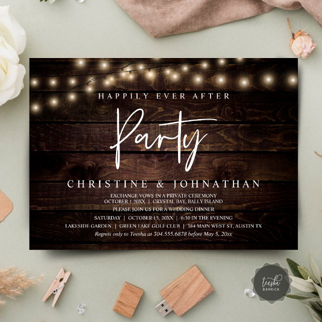 Lyckligtvis allt efter party, stryper Ljus elev Inbjudningar (Happily Ever After party, String Lights Brown Dark Wood, Wedding Elopement Invitation Cards)