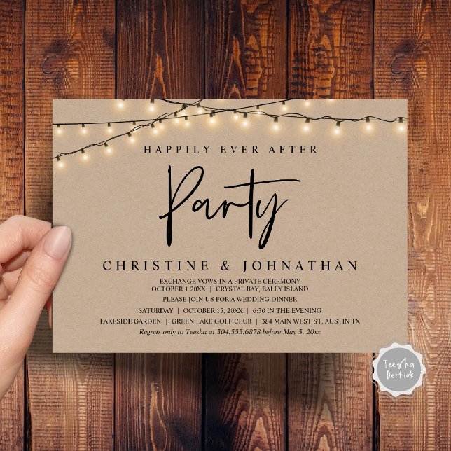 Lyckligtvis allt efter party, stryper Ljus elev Inbjudningar (Happily Ever After party, String Lights Brown Kraft, Wedding Elopement Invitation Cards)