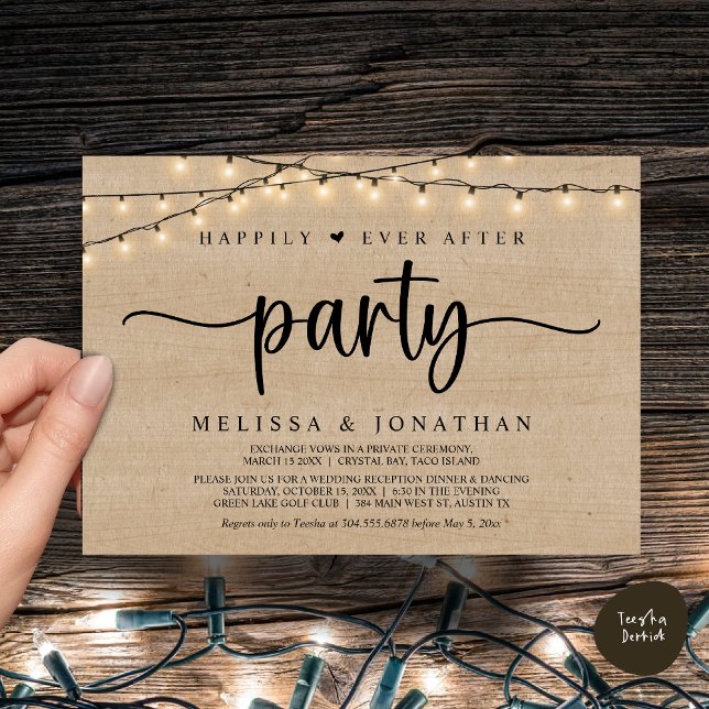 Lyckligtvis allt efter party, stryper Ljus elev Inbjudningar (Happily Ever After Party, Cottage String Lights Elopement Invitation Card, PDF, Brown Wood)
