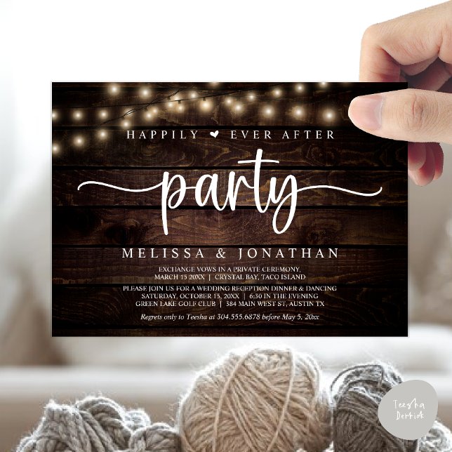 Lyckligtvis allt efter party, stryper Ljus elev Inbjudningar (Happily Ever After Party, Cottage String Lights Elopement Invitation Card, PDF, Brown Wood)
