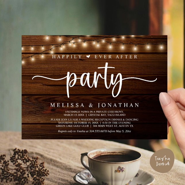 Lyckligtvis allt efter party, stryper Ljus elev Inbjudningar (Happily Ever After Party, Cottage String Lights Elopement Invitation Card, PDF, Brown Wood)