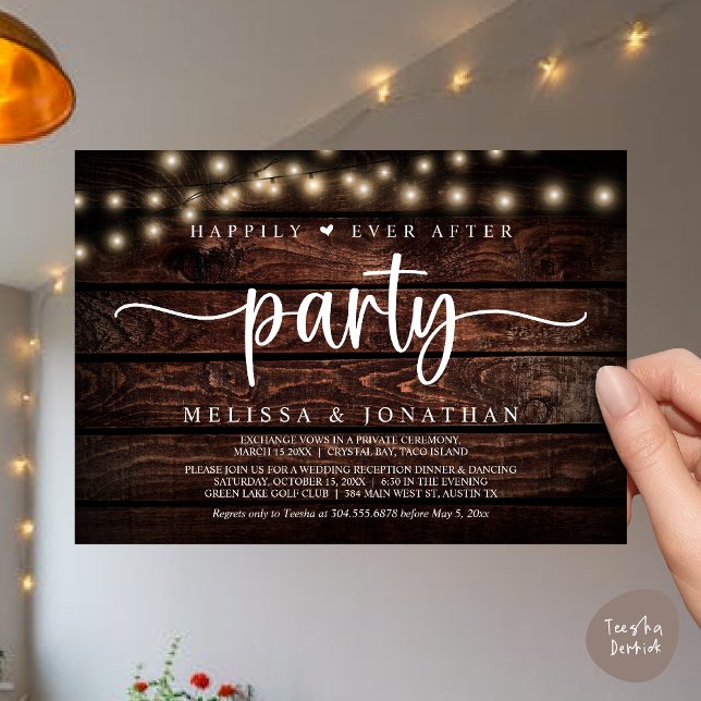 Lyckligtvis allt efter party, stryper Ljus elev Inbjudningar (Happily Ever After Party, Cottage String Lights Elopement Invitation Card, PDF, Brown Wood)