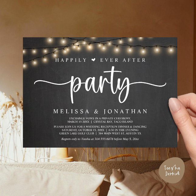 Lyckligtvis allt efter party, stryper Ljus elev Inbjudningar (Happily Ever After Party, Cottage String Lights Elopement Invitation Card, PDF, Rustic Chalkboard)
