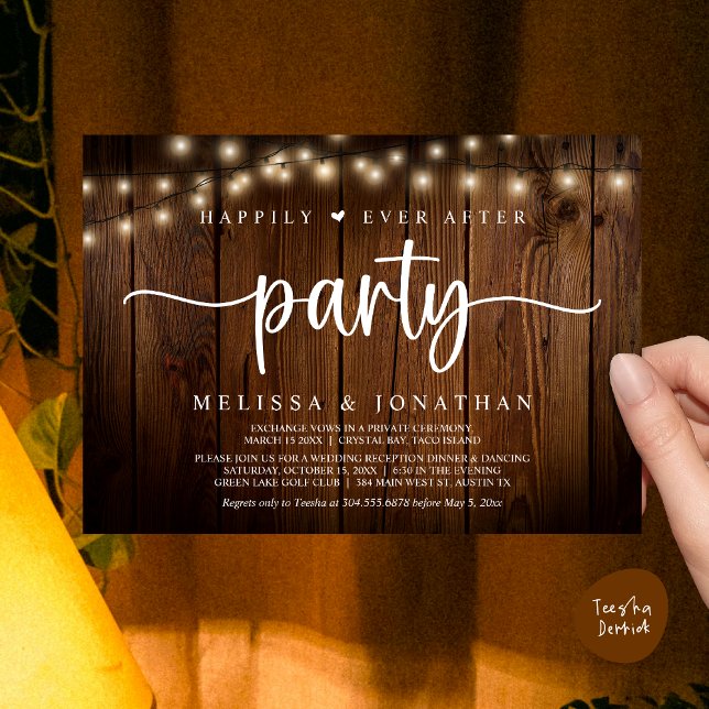 Lyckligtvis allt efter party, stryper Ljus elev Inbjudningar (Happily Ever After Party, Cottage String Lights Elopement Invitation Card, PDF, Brown Wood)