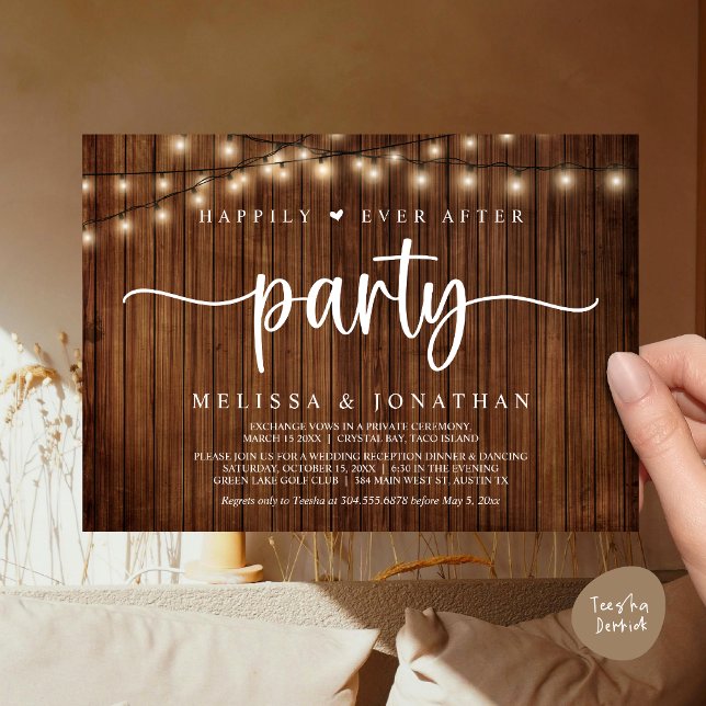 Lyckligtvis allt efter party, stryper Ljus elev Inbjudningar (Happily Ever After Party, Cottage String Lights Elopement Invitation Card, PDF, Brown Wood)