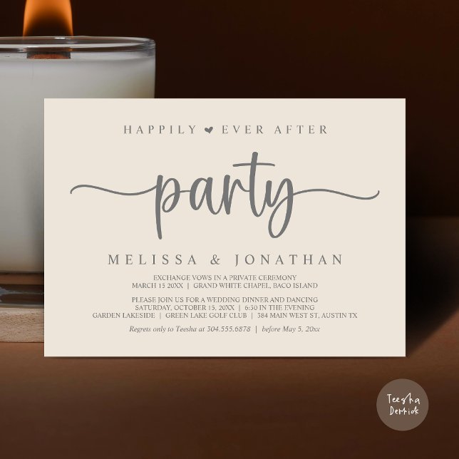 Lyckligtvis allt efter party, stryper Ljus elev Inbjudningar (Happily Ever After Party, Elopement Dinner Dancing, Rustic Cottage Invitation Card, PDF, Cream Grey)