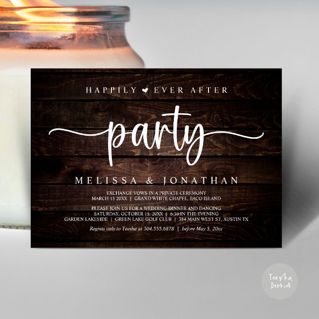 Lyckligtvis allt efter party, stryper Ljus elev Inbjudningar (Happily Ever After Party, Elopement Dinner Dancing, Rustic Cottage Invitation Card, PDF Brown Wood)