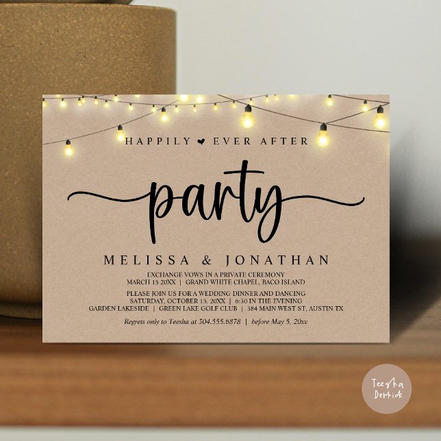 Lyckligtvis allt efter party, stryper Ljus elev Inbjudningar (Happily Ever After Party, Elopement Dinner Dancing, String Lights Invitation Card, PDF, Brown Kraft)