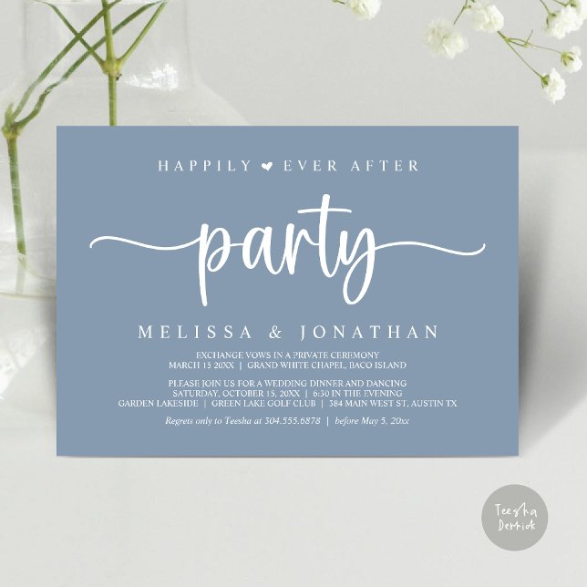 Lyckligtvis allt efter party, stryper Ljus elev Inbjudningar (Happily Ever After Party, Elopement Dinner Dancing, Rustic Cottage Invitation Card, PDF, Dusty Blue)