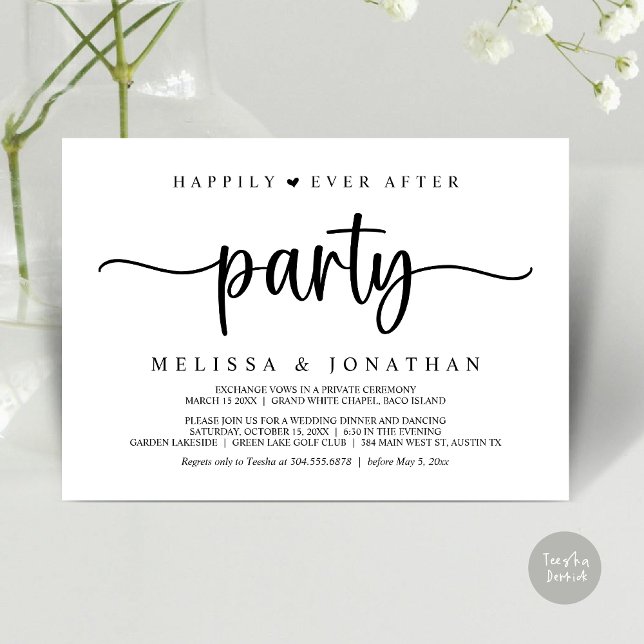 Lyckligtvis allt efter party, stryper Ljus elev Inbjudningar (Happily Ever After Party, Elopement Dinner Dancing, Rustic Cottage Invitation Card, PDF, White Black)
