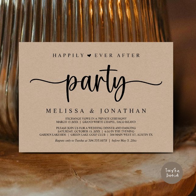 Lyckligtvis allt efter party, stryper Ljus elev Inbjudningar (Happily Ever After Party, Elopement Dinner Dancing, Rustic Cottage Invitation Card, PDF, Brown Kraft)