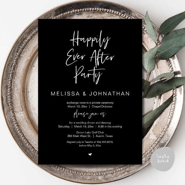 Lyckligtvis alltid efter, Bröllop Elopement Middag Inbjudningar (Happily Ever After Party, Wedding Dinner and Dancing Invitation Card, PDF, in Classy Black)