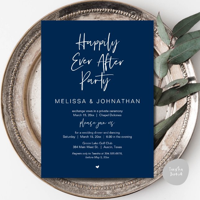 Lyckligtvis alltid efter, Bröllop Elopement Middag Inbjudningar (Happily Ever After Party, Wedding Dinner and Dancing Invitation Card, PDF, in Navy Blue)