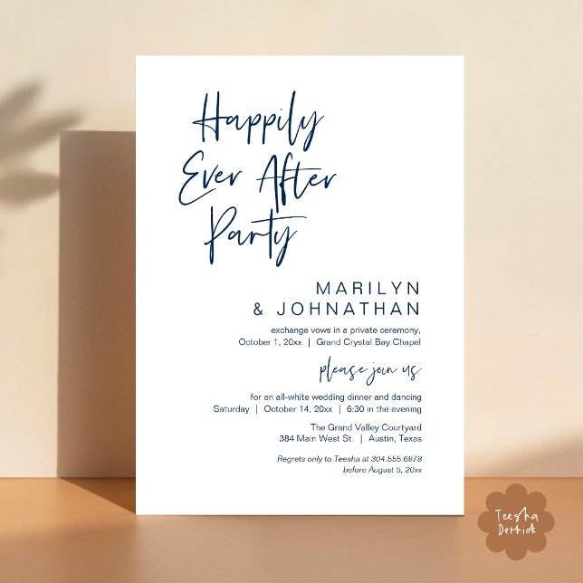 Lyckligtvis alltid efter, Bröllop Elopement Party Inbjudningar (Happily Ever After Party Invitation Card PDF Modern Wedding Dinner Dancing Classy Navy Blue)
