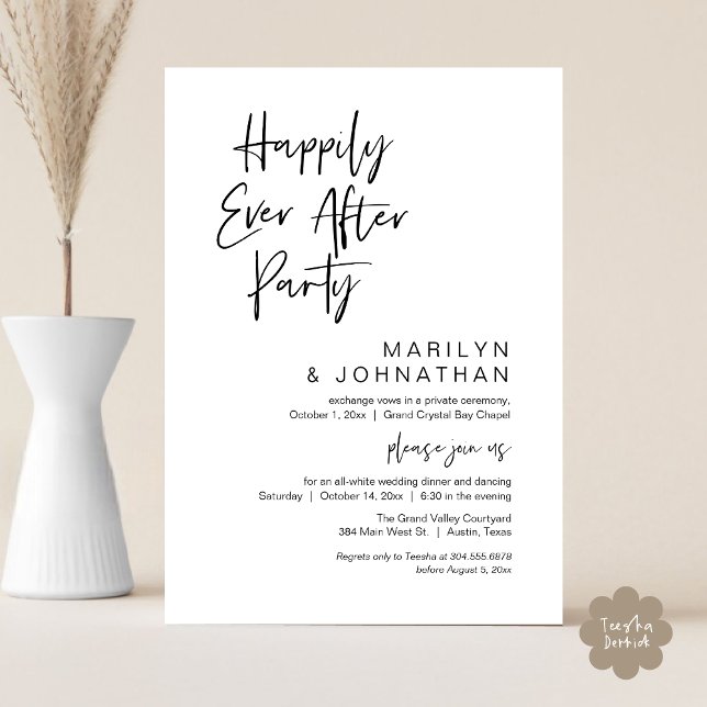 Lyckligtvis alltid efter, Bröllop Elopement Party Inbjudningar (Happily Ever After Party Invitation Card PDF Modern Wedding Dinner Dancing Black White )