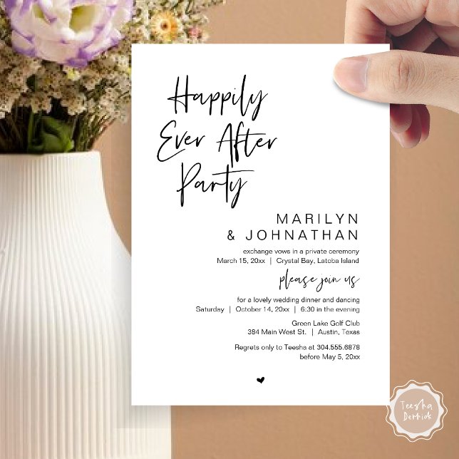 Lyckligtvis alltid efter, Bröllop Elopement Party Inbjudningar (Happily Ever After, Wedding Elopement Modern Summer Party Invitation Card, PDF, in Black White)