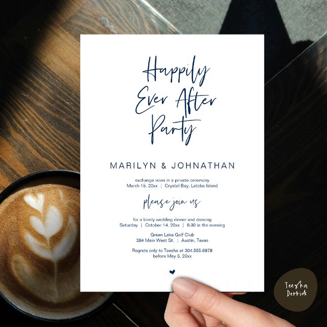 Lyckligtvis alltid efter, Bröllop Elopement Party Inbjudningar (Happily Ever After, Wedding Elopement Modern Summer Party Invitation Card, PDF, in Navy Blue)