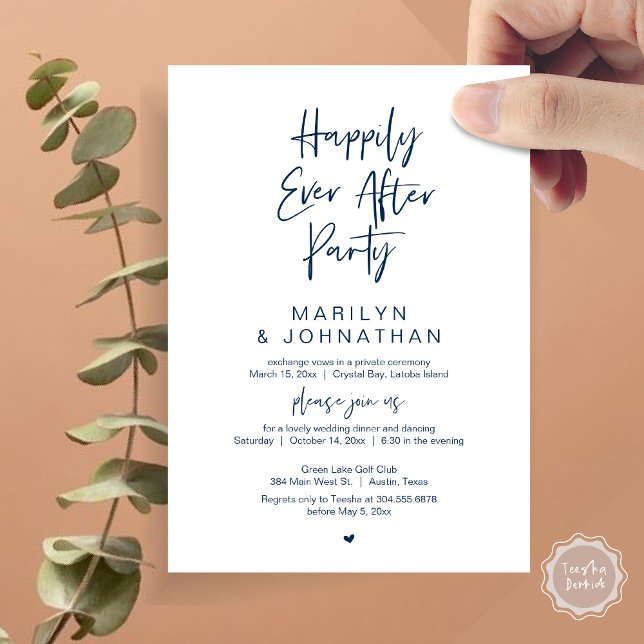 Lyckligtvis alltid efter, Bröllop Elopement Party Inbjudningar (Happily Ever After, Wedding Elopement Modern Summer Party Invitation Card, PDF, in Navy Blue)