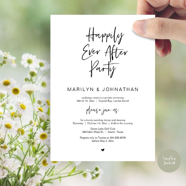 Lyckligtvis alltid efter, Bröllop Elopement Party Inbjudningar (Happily Ever After, Wedding Elopement Modern Summer Party Invitation Card, PDF, in Black White)