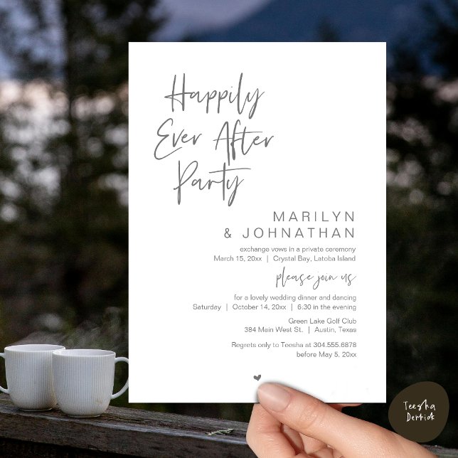 Lyckligtvis alltid efter, Bröllop Elopement Party Inbjudningar (Happily Ever After, Wedding Elopement Modern Summer Party Invitation Card, PDF, in Dark Grey)