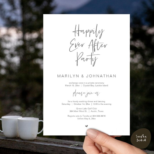 Lyckligtvis alltid efter, Bröllop Elopement Party Inbjudningar (Happily Ever After, Wedding Elopement Modern Summer Party Invitation Card, PDF, in Dark Grey)