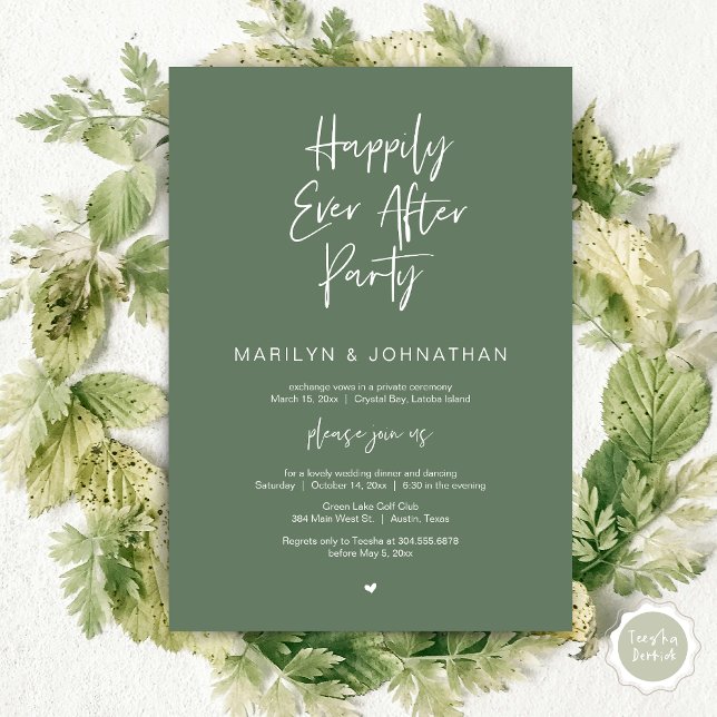 Lyckligtvis alltid efter, Bröllop Elopement Party Inbjudningar (Happily Ever After, Wedding Elopement Modern Summer Party Invitation Card, PDF, in Forest Sage Green)
