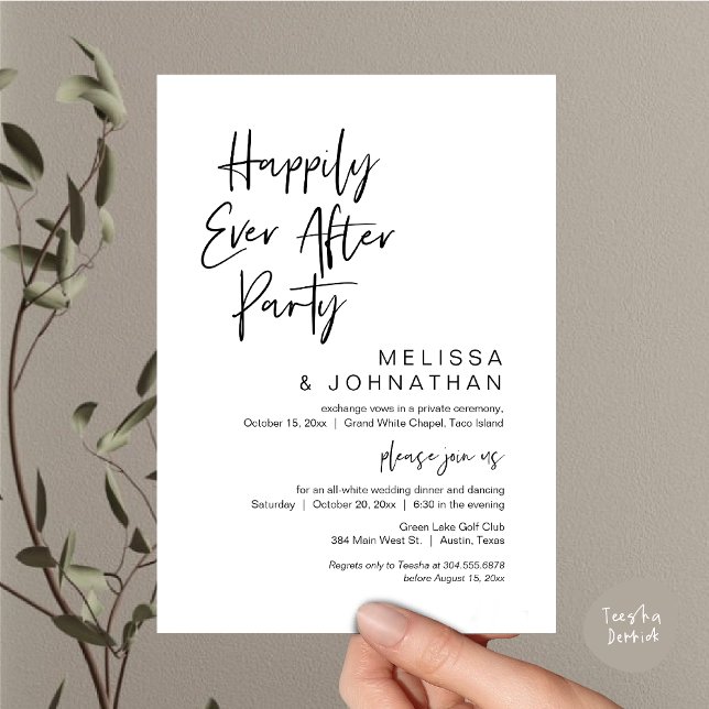 Lyckligtvis alltid efter, Bröllop Elopement Party Inbjudningar (Happily Ever After Party Invitation Card, PDF, Wedding Elopement Dinner Brunch Lunch, White Black)