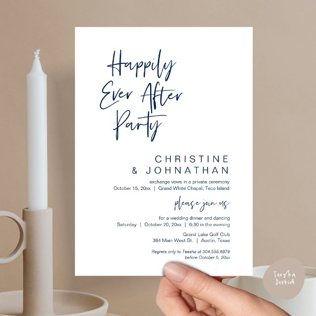 Lyckligtvis alltid efter, den moderna Bröllop-midd Inbjudningar (Wedding Happily Ever After Party Dinner Brunch Elopement Invitation Card, PDF, Navy Blue)