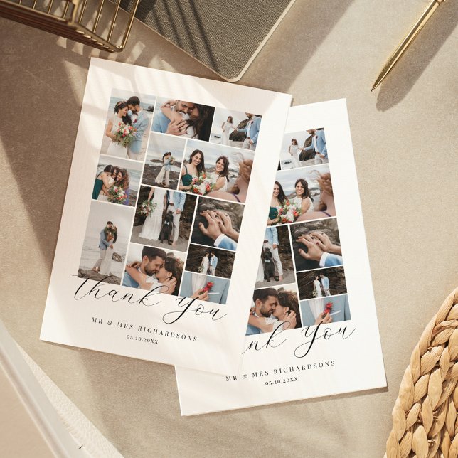 Lyckligtvis alltid efter minimala Bröllop-fotokoll Tack Kort (Happily Ever After Minimal Wedding Photo Collage Thank You Card)