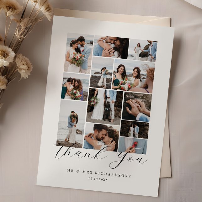 Lyckligtvis alltid efter minimala Bröllop-fotokoll Tack Kort (Happily Ever After Minimal Wedding Photo Collage Thank You Card)