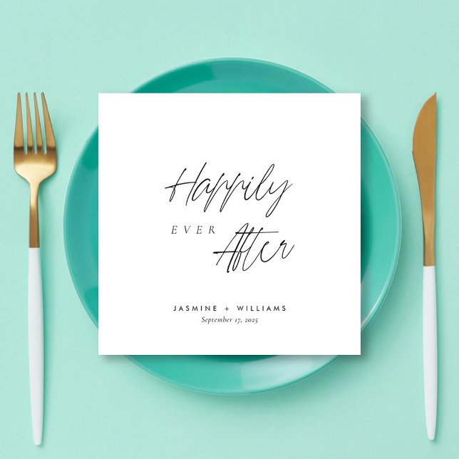 Lyckligtvis alltid efter minimalistiskt svart skri pappersservett (Personalized Happily Ever After Minimalist Black Script Wedding Napkins
)