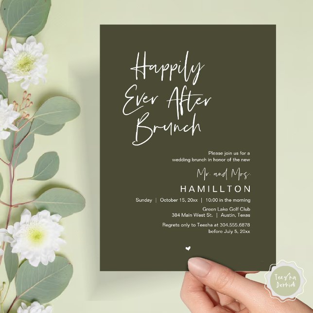 Lyckligtvis efter brinnande i morgon efter inbjudningar (Happily Ever After Brunch The Morning After Invitation Card PDF Newlyweds in Rustic Olive Green)