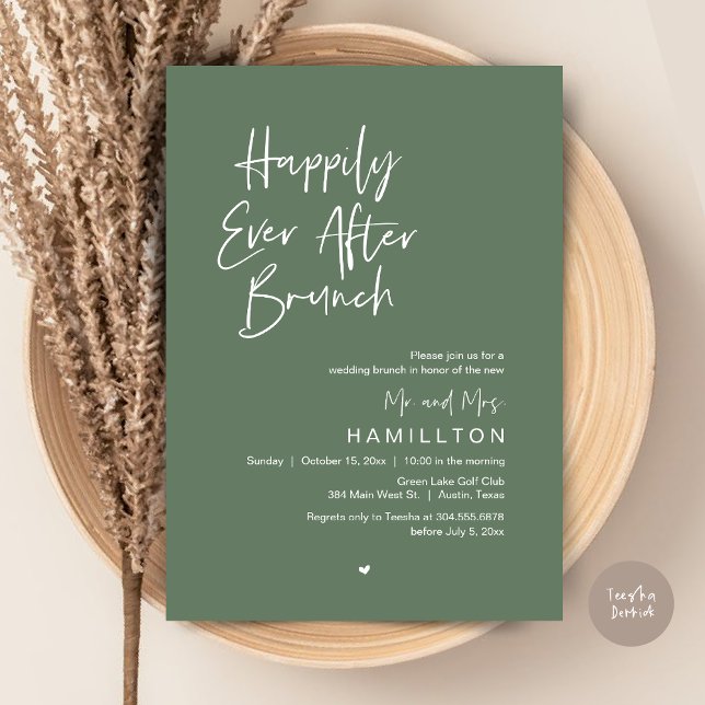 Lyckligtvis efter brinnande i morgon efter inbjudningar (Happily Ever After Brunch The Morning After Invitation Card PDF Newlyweds in Sage Green)