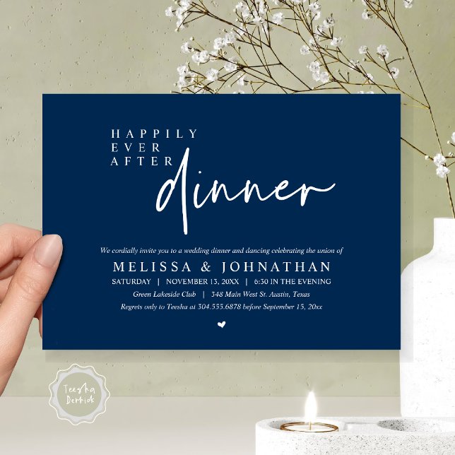Lyckligtvis efter Bröllop Dinner Dancing Party Inbjudningar (Happily Ever After Party, Modern Wedding Dinner Dancing Party Invitation Card, PDF, Navy Blue)