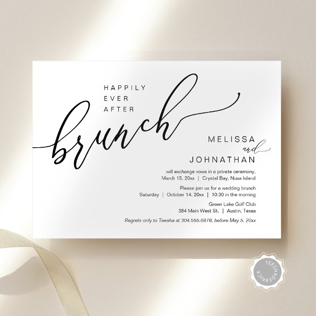 Lyckligtvis efter Bröllop Elopement Brunch Inbjudningar (Happily Ever After Wedding Elopement Brunch Invitation Card, Modern Romantic, Editable Downloadable)