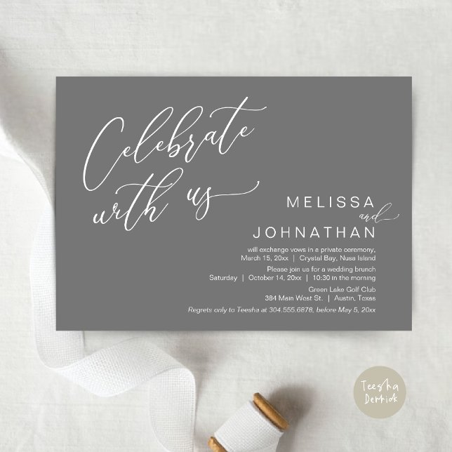 Lyckligtvis efter Bröllop Elopement Brunch Inbjudningar (Celebrate with us, Nothing Fancy Just Love, Romantic Wedding Brunch Invitation Card PDF Dark Grey)