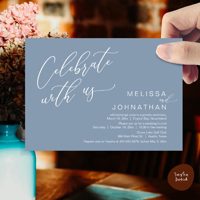 Lyckligtvis efter Bröllop Elopement Brunch Inbjudningar (Celebrate with us, Nothing Fancy Just Love, Romantic Wedding Brunch Invitation Card PDF Dusty Blue)