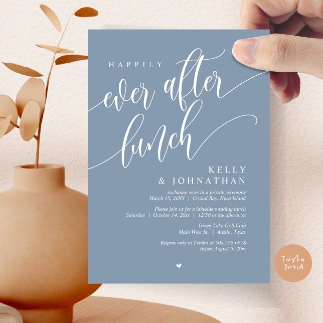 Lyckligtvis efter Bröllop Lunch, Dusty Blue Inbjudningar (Happily Ever After Lunch Invitation Card, PDF, Post Wedding Celebration, in Dusty Blue)