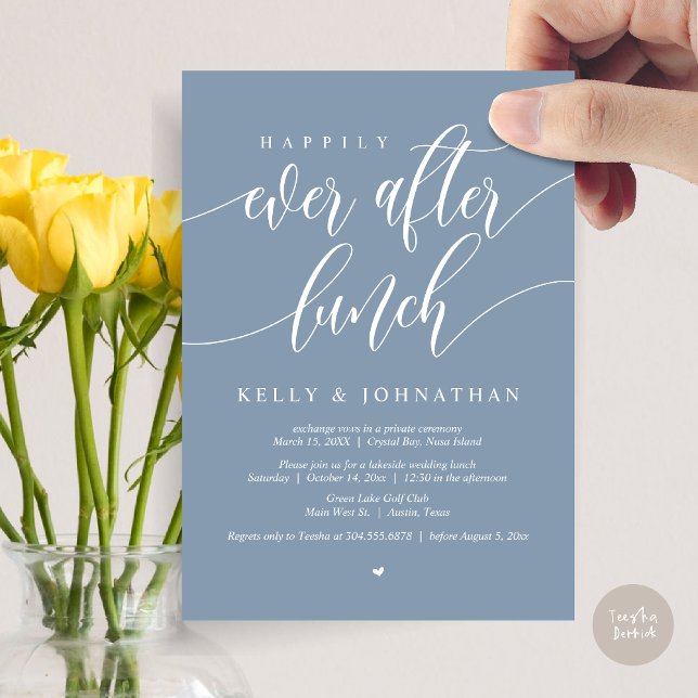 Lyckligtvis efter Bröllop Lunch, i Dusty Blue Inbjudningar (Happily Ever After Wedding Lunch Invitation Card, PDF, Modern Calligraphy, in Dusty Blue)