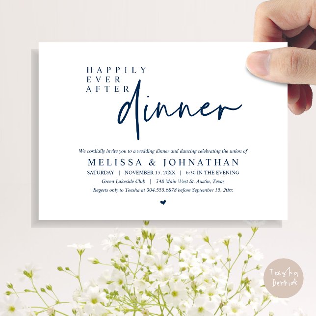 Lyckligtvis efter Bröllop-middagen och danskningen Inbjudningar (Happily Ever After Party, Modern Wedding Dinner Dancing Party Invitation Card, PDF, Navy Blue)