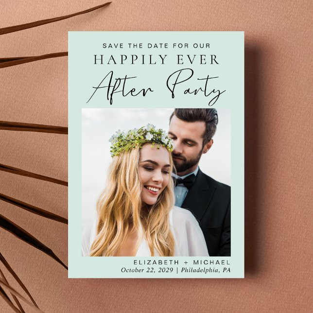 Lyckligtvis efter Bröllop Photo Reception Mint Spara Datumet (A stylish save the date announcement for a reception to celebrate your elopement or private wedding)